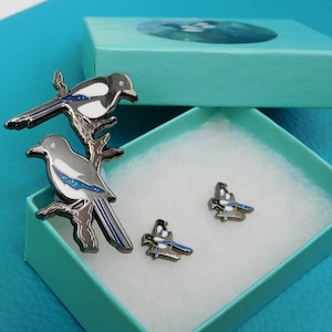Magpies Two For Joy Earrings & Brooch Gift Set, Enamel pin badge and Stud Earrings Jewellery set, joyful gift set, Pretty Gift Set