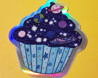 Cosmic Cupcake Space Cake Hologram Stickers, Laptop Decals, Waterproof Vinyl Stickers, Holographic Sticker