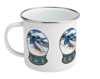 Skier Snowglobe Enamel Christmas Mug