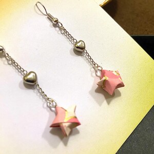 Origami Lucky Star Drop Earrings with Silver Heart  Handmade Origami Paper Earrings Cute Pink Gift for Her Lightweight Dangle Earrings Gift