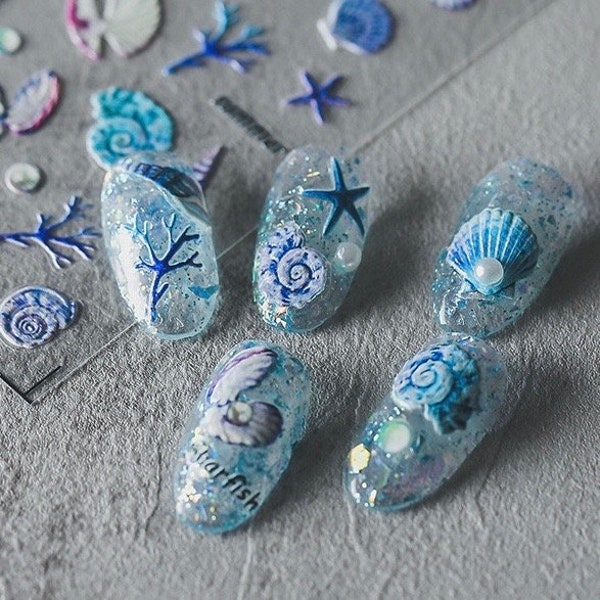 Ocean World Nail Stickers, Sea World Nail Decals, 5D Embossed Nail Stickers, Nail Supply, DIY Nails