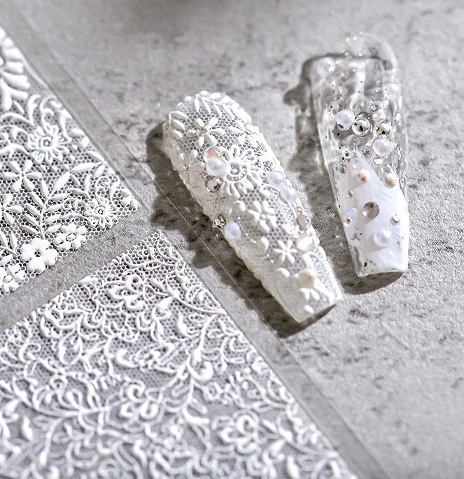 Lace Nail Stickers, White Lace Nail Decals, 5D Embossed Nail Stickers
