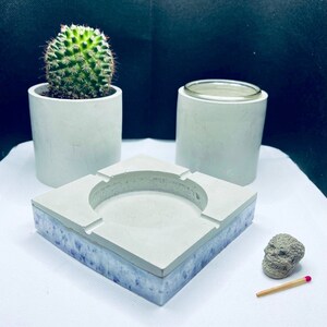 May include: A set of three concrete planters, one with a small cactus, one with a clear glass insert, and one with a square shape and a blue and white speckled base.