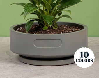 8" Low Bowl Pot & Plate | 10 Colorways | Concrete Planter w/ Drainage Hole | Plate w/ Cork Bottom | Coastal Mid-Century Modern