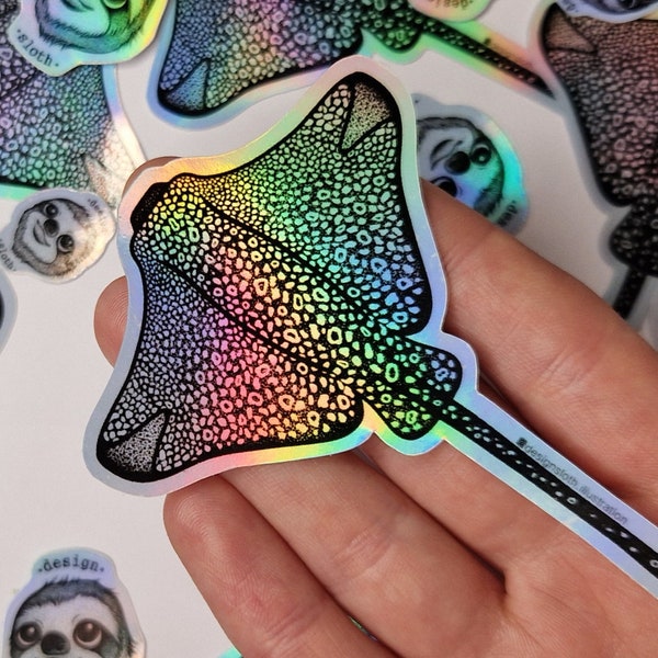 Waterproof Spotted Eagle Ray Holographic Sticker,  Sea life sticker, Illustrated Vinyl Sticker / Laptop Decal / Car sticker