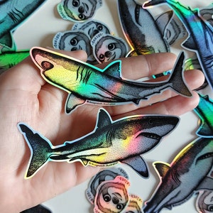 Set di 2 adesivi olografici a forma di squalo, adesivo Sealife, adesivo in vinile illustrato con grande squalo bianco / adesivo per laptop / adesivo per auto impermeabile, confezione da 2