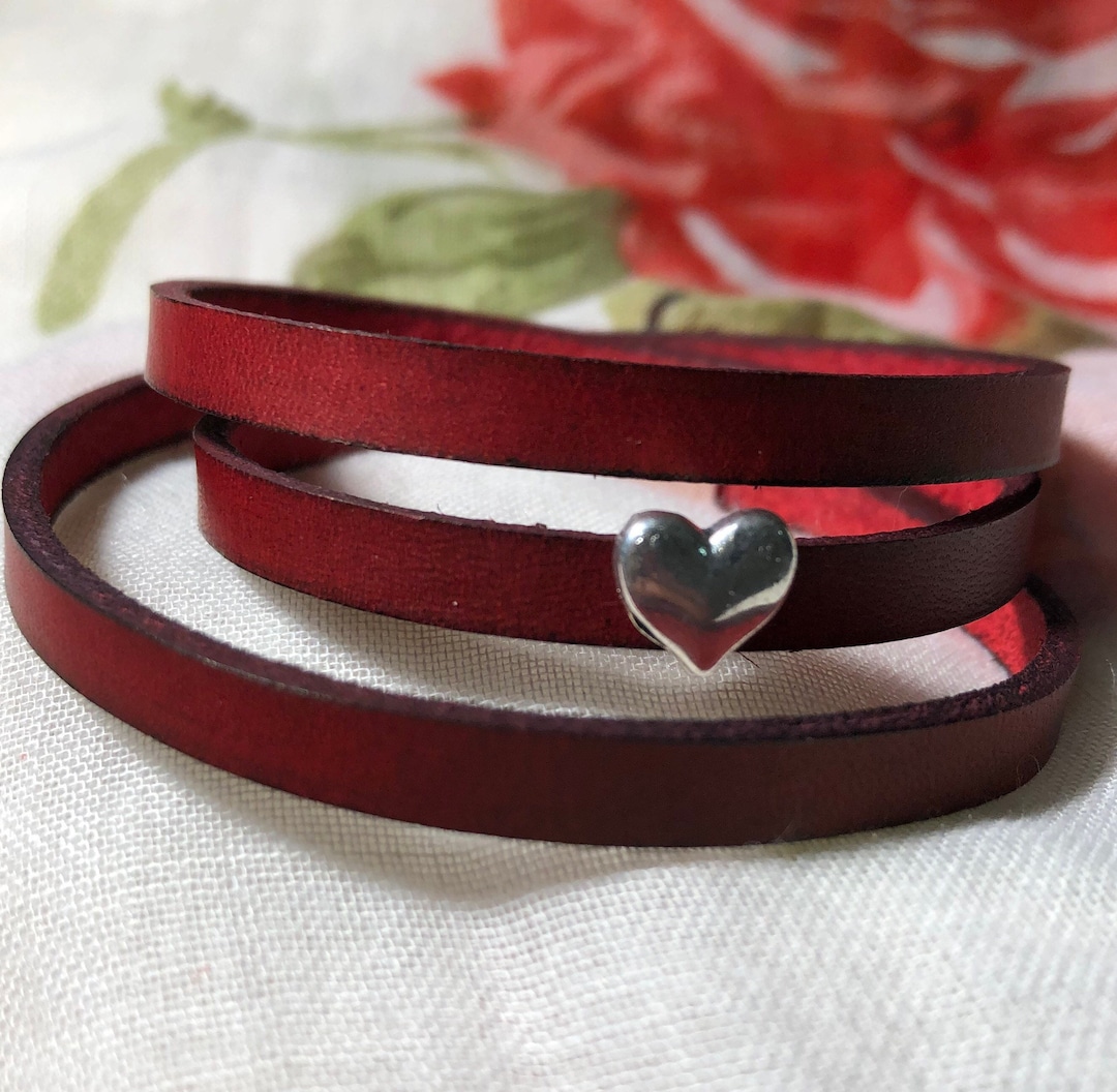 Red Leather Wrap Bracelet With Heart Bracelet Heart Leather