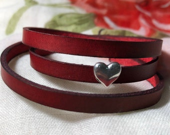 Red leather wrap bracelet with heart -  magnetic bracelet - Heart leather bracelet for women - Mother's Day gift