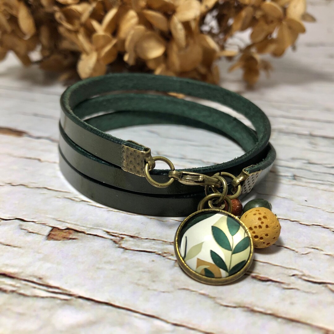 Green Leather Wrap Bracelet With Leaf Design Charm Green and Etsy