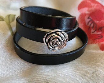 Leather wrap bracelet with a rose slider and magnetic clasp -  Other colors available - Rose leather bracelet for women - Mother&#39;s Day gift