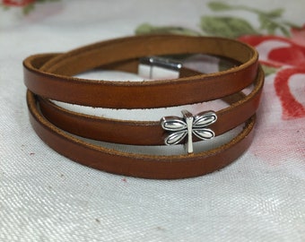 Leather wrap bracelet with dragonfly slider and magnetic clasp - Dragon fly leather bracelet for women