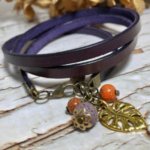 Purple Leather 3 Wrap Bracelet with leaf charm - Autumn bracelet - Charm bracelet - Genuine leather Bracelet for women - Mother's Day gift