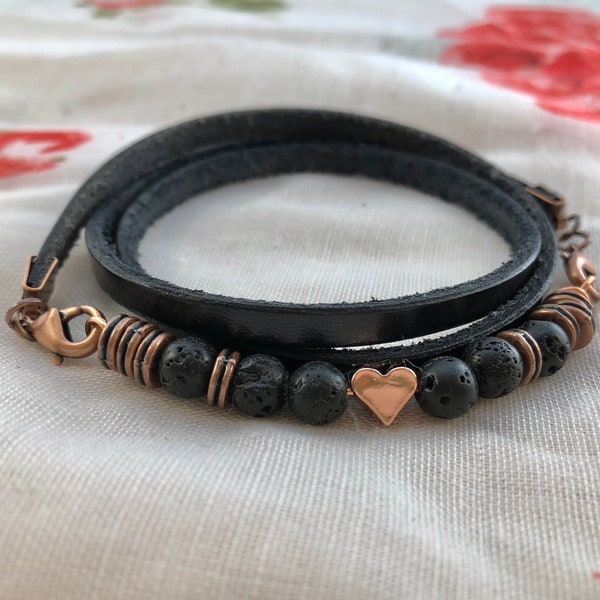 Black leather wrap bracelet with rose gold or silver heart - Black leather bracelet - Leather bracelet for women - Mother’s Day gift