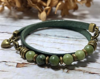 Leather wrap bracelet with Canadian Jade beads - Beads bracelet - Green bracelet - Jade bracelet - Heart charm  - Leather bracelet for women