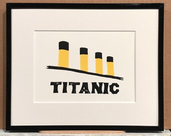 Titanic, original art, FRAMED, screen printed on 5" x 7" Stonehenge warm white acid free cotton paper