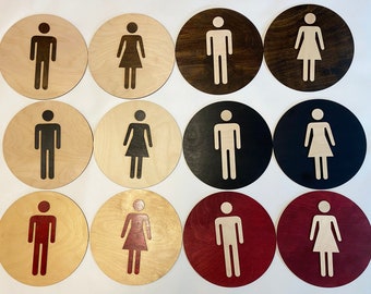 Round Two Layer Men and Women's Wooden Restroom/Bathroom/WC Sign Cutout Style - for Interior Use - 6 inches | 9 inches | 12 inches