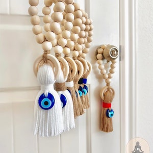 Large Wooden Guardian Amulet Tassel with Glass Evil Eye Bead | Door-Knob Handle Hanging | Modern Home Aesthetic Décor [Brown beads]