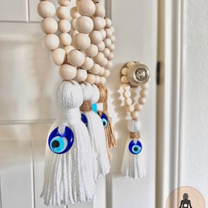 Large Wooden Guardian Amulet Tassel with Glass Evil Eye Bead | Door-Knob Handle Hanging | Modern Home Aesthetic Décor [Brown beads]