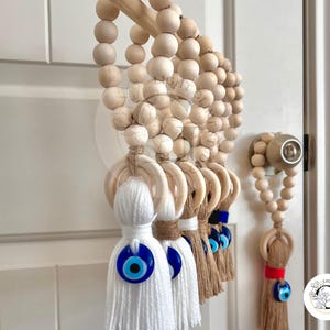 Large Wooden Guardian Amulet Tassel with Glass Evil Eye Bead | Door-Knob Handle Hanging | Modern Home Aesthetic Décor [Brown beads]