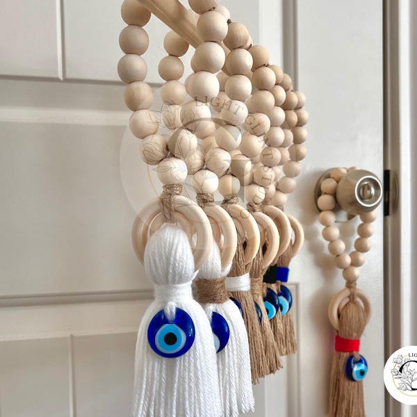 Large Wooden Guardian Amulet Tassel with Glass Evil Eye Bead | Door-Knob Handle Hanging | Modern Home Aesthetic Décor [Brown beads]
