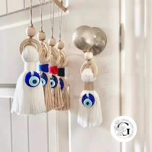 2 Wooden Guardian Amulet Tassel with Glass Evil Eye Bead | Door-Knob Handle Hanging | Modern Home Aesthetic Décor [Brown beads]