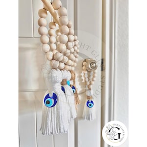 Large Wooden Guardian Amulet Tassel with Glass Evil Eye Bead | Door-Knob Handle Hanging | Modern Home Aesthetic Décor [Brown beads]