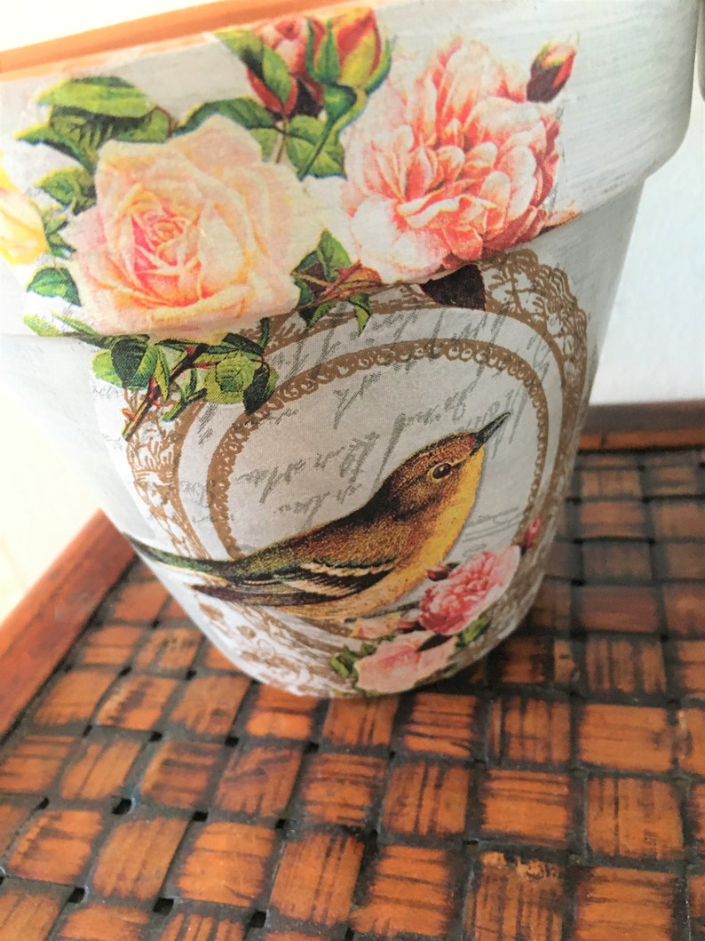 Vintage Bird and Roses Lunch Decoupaged on 5.5 Terra Cotta Pot