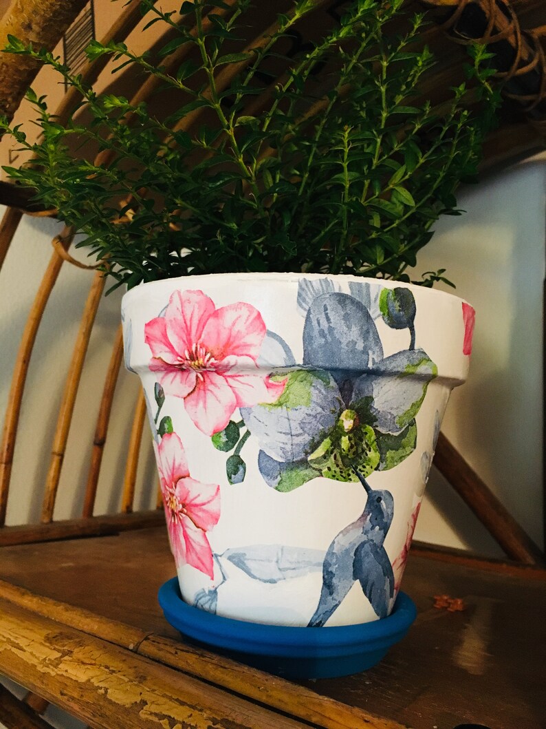 Floral Hummingbird Decoupaged on 5.5/' Terra Cotta Pot