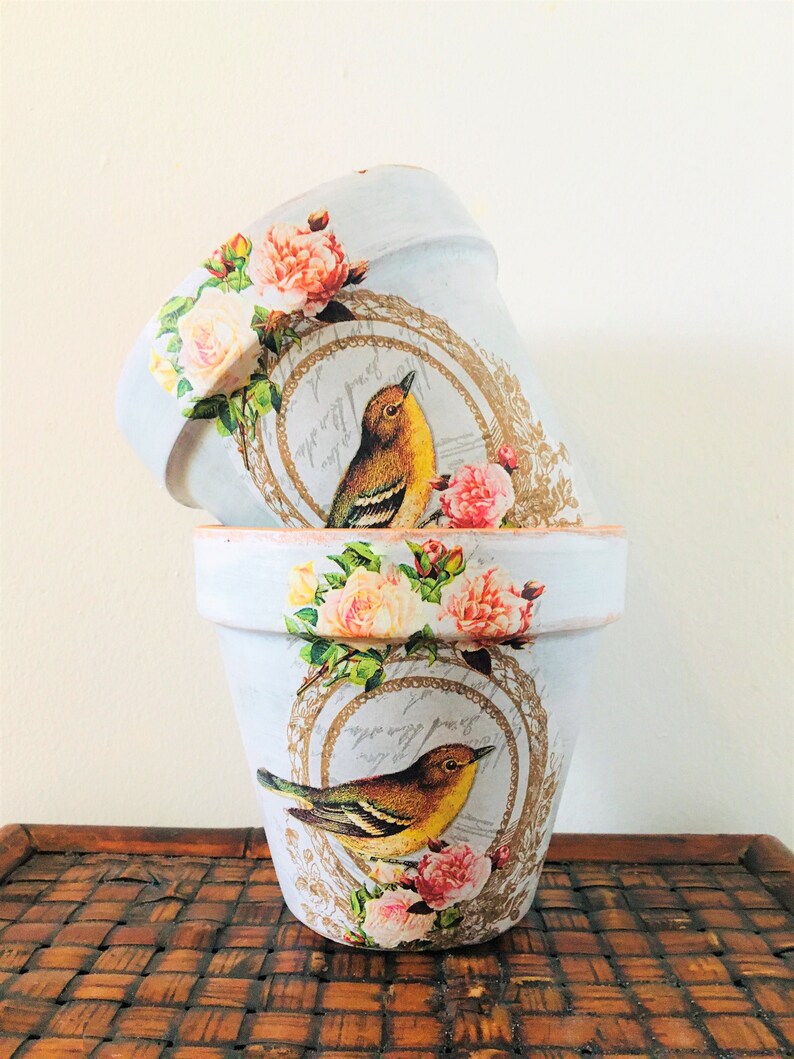 Vintage Bird and Roses Lunch Decoupaged on 5.5 Terra Cotta Pot
