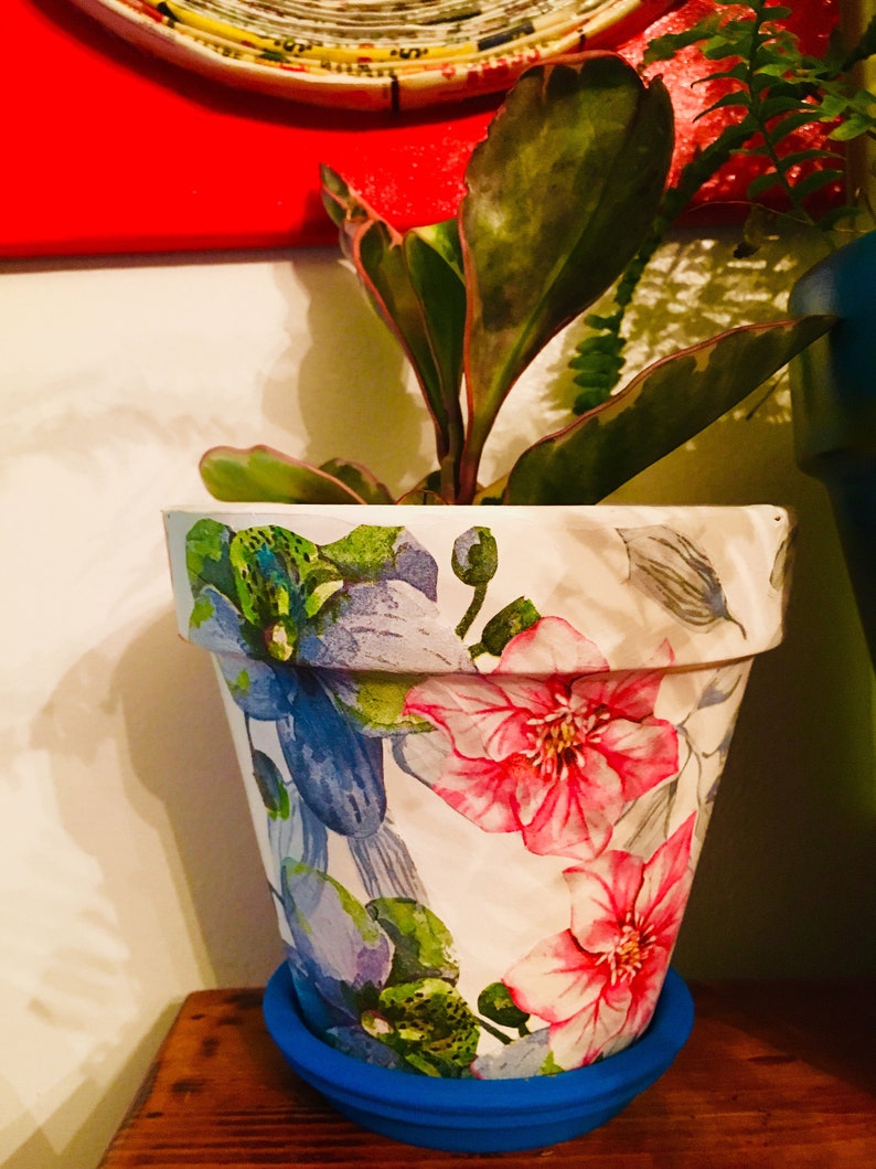 Floral Hummingbird Decoupaged on 5.5/' Terra Cotta Pot