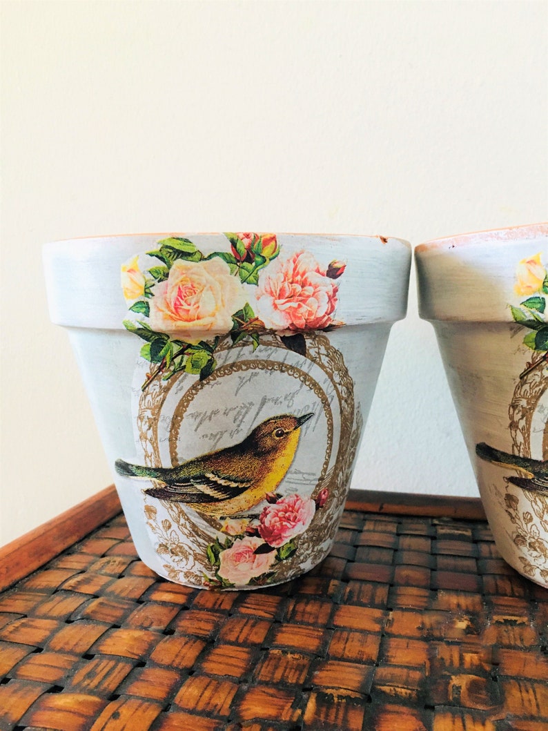 Vintage Bird and Roses Lunch Decoupaged on 5.5 Terra Cotta Pot