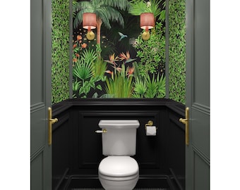 Tropical Jungle Wallpaper Black background: Hand-Painted Rainforest Design, Peel and Stick