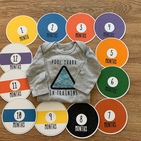 Pool Shark In Training * BUNDLE* Baby Bodysuit and Billiards Milestone Cards *Download*, Pool Baby Shirt and Photo Prop, Gender Neutral