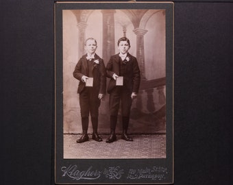 Antique Paterson New Jersey Cabinet Card Photo of 2 Teen Boy Brothers In Dark Suits and Holding Bibles For Their Sacrament Confirmation