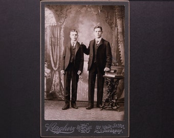 Antique Paterson New Jersey Cabinet Card Photo Portrait of Teen Brothers Wearing Dark Vested Suits White Starched Collars & Knotted Ties