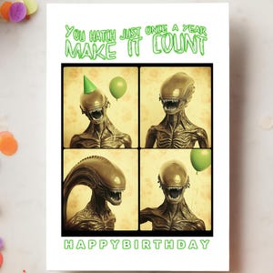 Retro Photobooth Xenomorph Alien Greeting Card, Funny Birthday Cards for Alien Lovers, Quirky Sci-fi Birthday Card Gift for Him or Her
