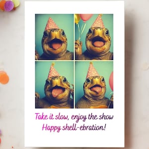 Carte de voeux tortue photobooth rétro, cartes d'anniversaire drôles pour les propriétaires et les amoureux de tortues, cadeau carte d'anniversaire original pour lui ou elle