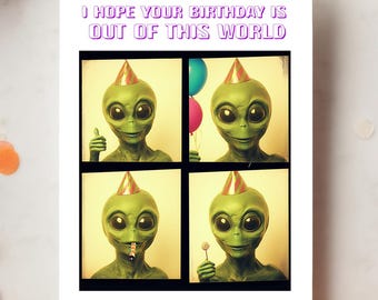 Tarjeta de felicitación imprimible de extraterrestre con fotomatón retro, divertidas tarjetas de cumpleaños con descarga digital para amantes de los ovnis y extraterrestres, original tarjeta de cumpleaños de ciencia ficción.