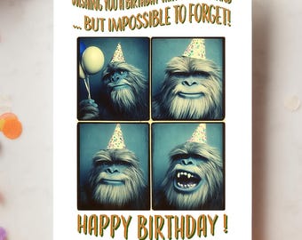 Carte de voeux imprimable Photobooth Bigfoot, carte d'anniversaire drôle en téléchargement numérique pour les amateurs de cryptides Sasquatch, carte d'anniversaire horreur originale