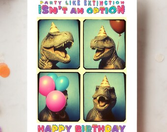 Druckbare Retro Photobooth T-Rex Geburtstagskarte, digitale Download-lustige Grußkarte für Dinosaurier- und Trex-Liebhaber, schrullige Geburtstagskarte