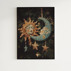 dark academia, dark cottagecore, whimsigoth decor, fairycore decor, witch painting, moon art, whimsical decor, whimsical wallpaper, 90s celestial sun, sun and moon print, best selling items, celestial decor, tarot art print
