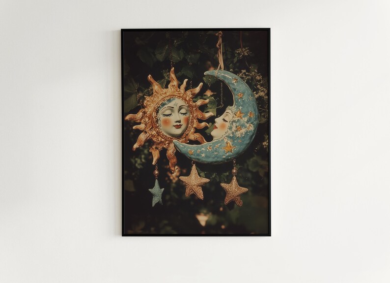 dark academia, dark cottagecore, whimsigoth decor, fairycore decor, witch painting, moon art, whimsical decor, whimsical wallpaper, 90s celestial sun, sun and moon print, best selling items, celestial decor, tarot art print