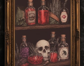 Dark Cottagecore Witch Potion Wall Art Print, Magical Potion Bottles Apothecary Shelf Poster, Herbs And Skull, Gothic Whimsigoth Decor