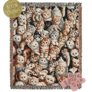 Cat Throw Blanket, Cottagecore Cute Kitten Print, Whimsical Grandmacore Kitsch Home Decor, Woven Large Tapestry, Cozy Cat Lover Gift