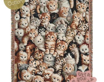 Cat Throw Blanket, Cottagecore Cute Kitten Print, Whimsical Grandmacore Kitsch Home Decor, Woven Large Tapestry, Cozy Cat Lover Gift