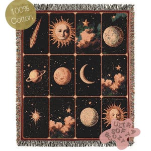 Celestial Astronomy Woven Blanket, Boho Whimsical Planets Tapestry Throw, Mystical Whimsigoth Throw, Cozy Bohemian Home Decor Gift