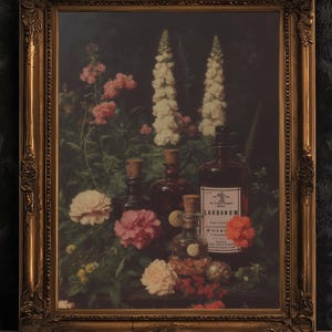 Laudanum Apothecary Jar Wall Art Print, Dark Academia Poster, Vintage Floral Painting, Witchy Gifts, Gothic Cottagecore Decor