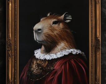 Gothic Capybara Portrait, Dark Academia Wall Decor, Funny Royal Pet Painting, Vintage Animal Lover Gift, Quirky Capybara Art Print