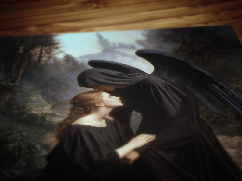 Angel of Death and Woman, Gothic Art Print, Dark Romantic Wall Decor ...
