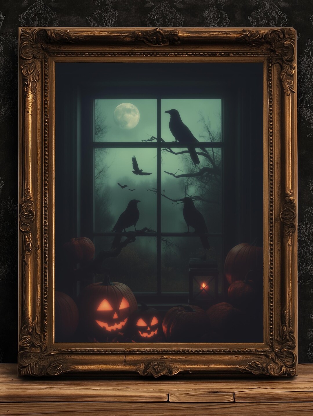 Raven Behind Window Raven Window Halloween Wall Art Print, Pumpkins, Crows and Moon Poster ...
